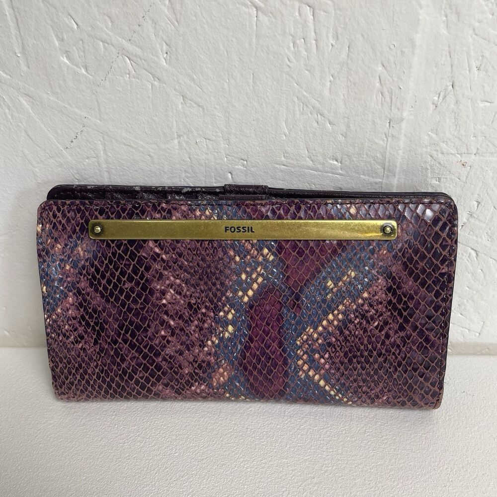 Fossil Liza snake skin wallet purple gold accents